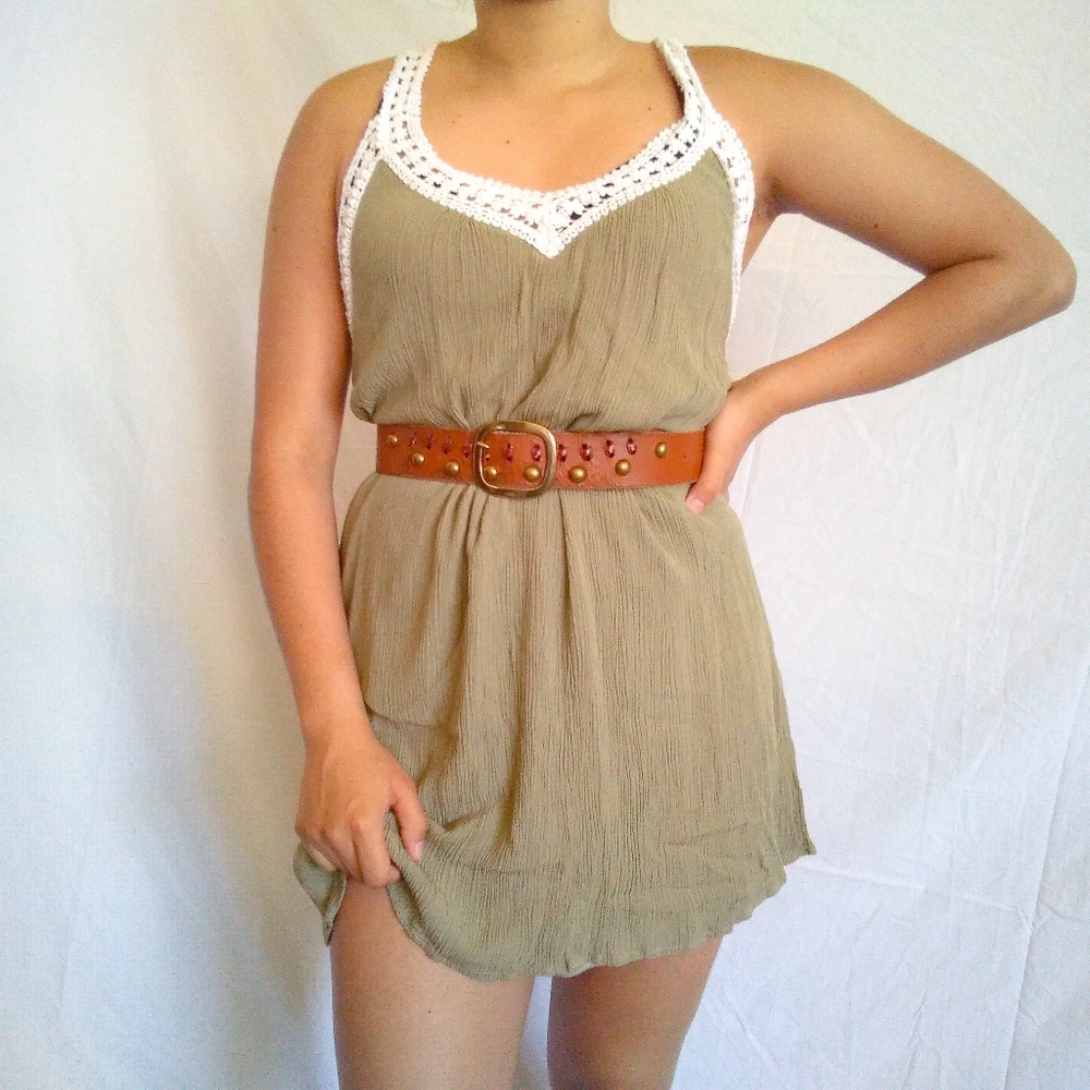 Cute army green dress with lace detailing.